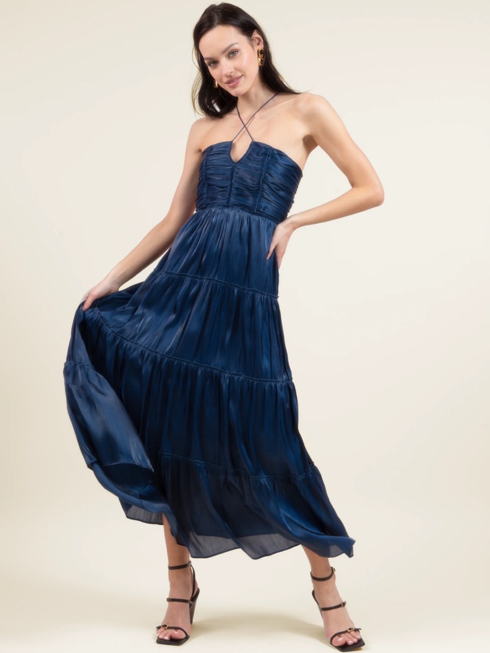 Caara Women’s Sz XL Halter Dress Navy Blue Tiered Maxi V-Neck Sleeveless Strappy